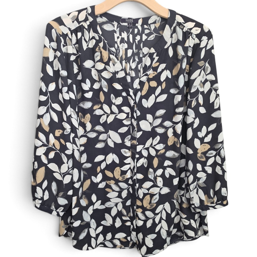 NYDJ Blouse Womens Large Gray White Leaf Print Pleated V Neck 3/4 Sleeve Top L